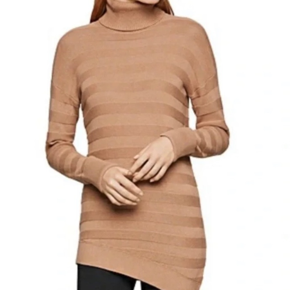 NWT BCBG Tan Striped Knit Asymmetrical Oversized Sweater Size Medium